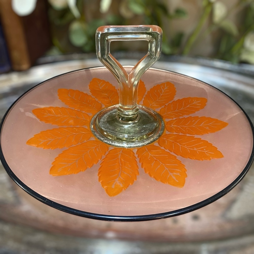 Art Deco Reverse Painted Handled Tray Tidbit Vintage Appetizer Black Orange Pink